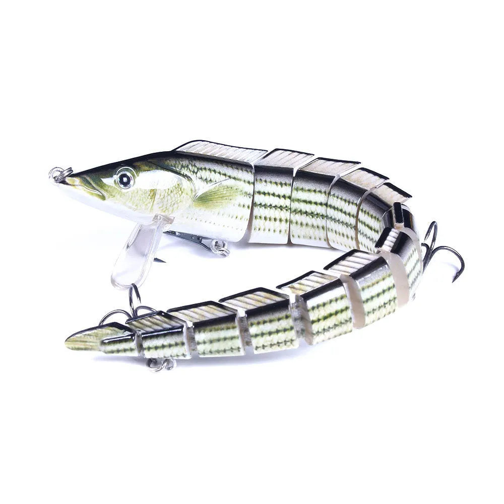 Multi-section simulated fish loach fishing lure showing jointed design and #2 hooks