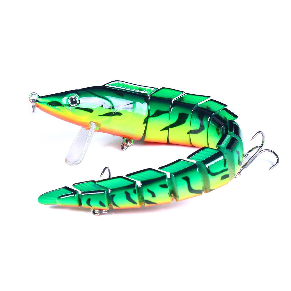 Multi-section simulated fish loach fishing lure showing jointed design and #2 hooks