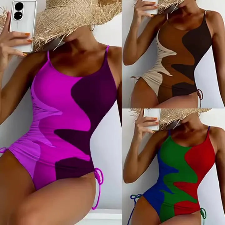 Women's blue sleeveless backless one-piece swimsuit with fixed swimming trunks for swimming sports