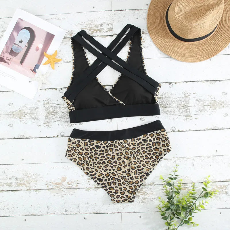 Leopard print women's bikini with V-neck split front and cross banded back design