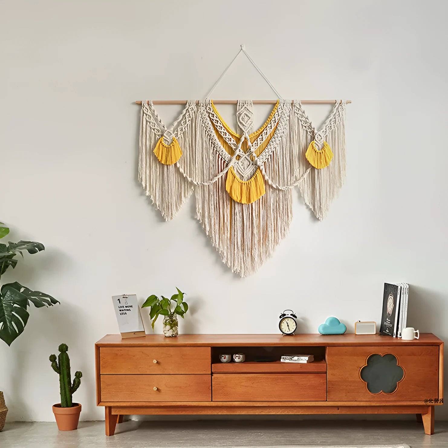 Nordic style hand-made woven cotton tapestry rectangle 120x95cm creamy white yellow wall hanging