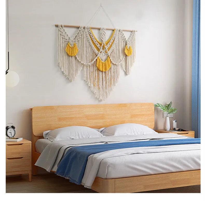 Nordic style hand-made woven cotton tapestry rectangle 120x95cm creamy white yellow wall hanging