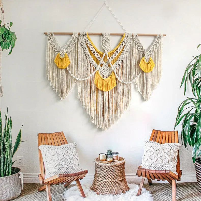 Nordic style hand-made woven cotton tapestry rectangle 120x95cm creamy white yellow wall hanging