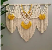 Nordic style hand-made woven cotton tapestry rectangle 120x95cm creamy white yellow wall hanging