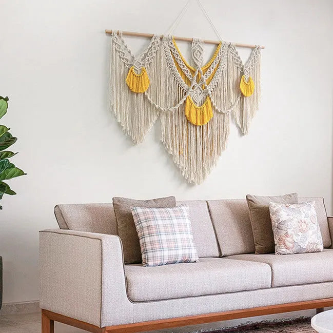Nordic style hand-made woven cotton tapestry rectangle 120x95cm creamy white yellow wall hanging