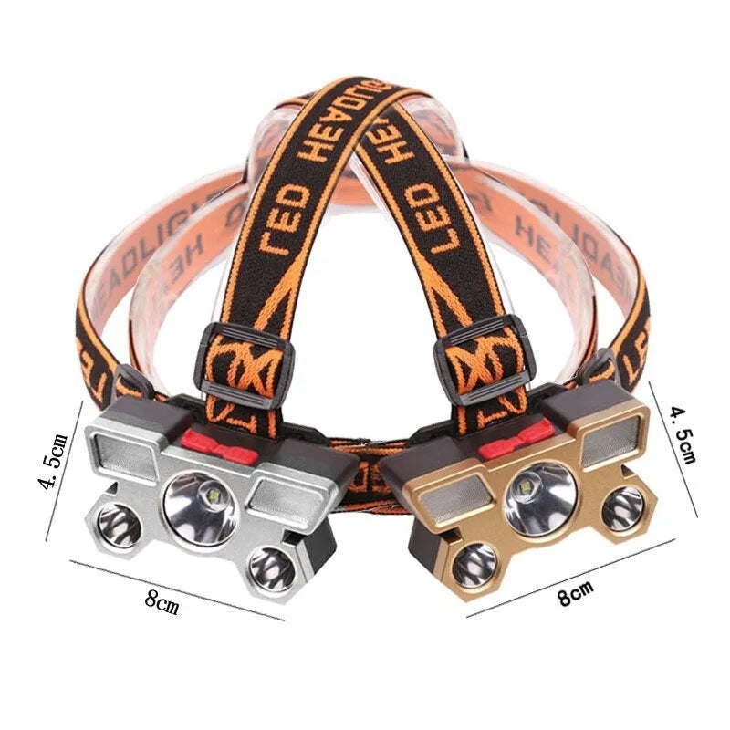 Head-mounted LED miner's lamp flashlight with head strap, 10W power rating, and rechargeable battery