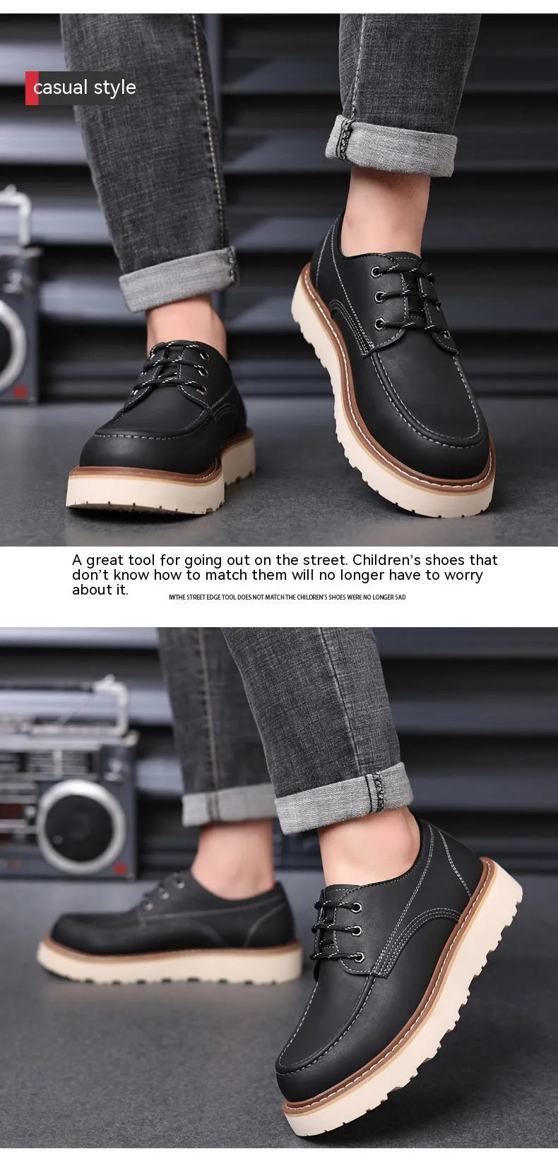 Men's black low-top retro casual boots with rubber soles and round toe, British worker style