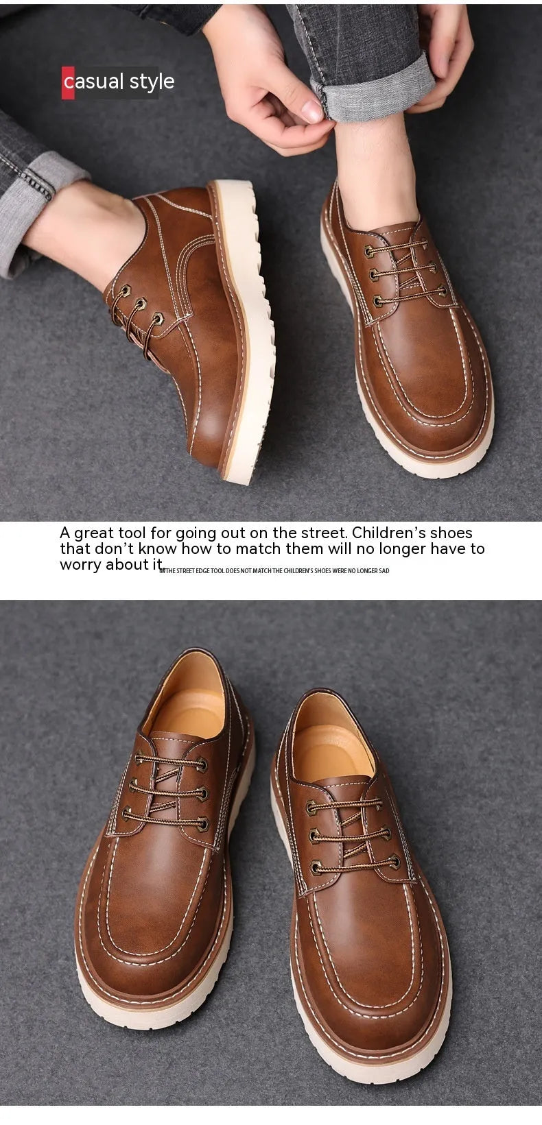 Men's black low-top retro casual boots with rubber soles and round toe, British worker style