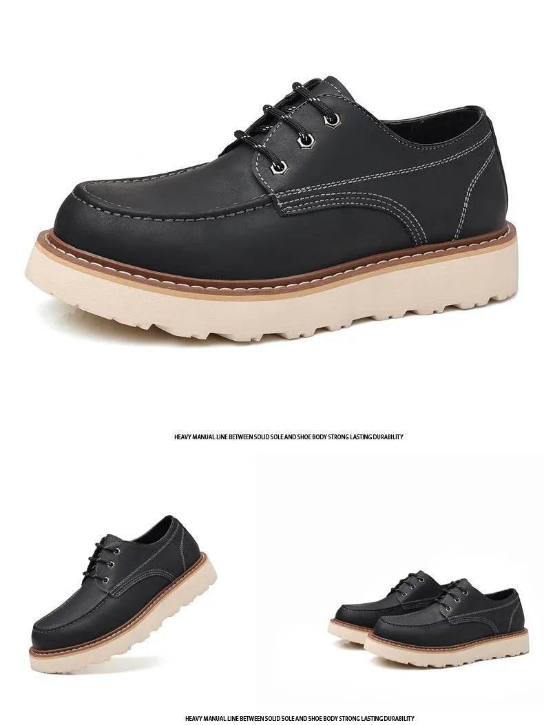 Men's black low-top retro casual boots with rubber soles and round toe, British worker style