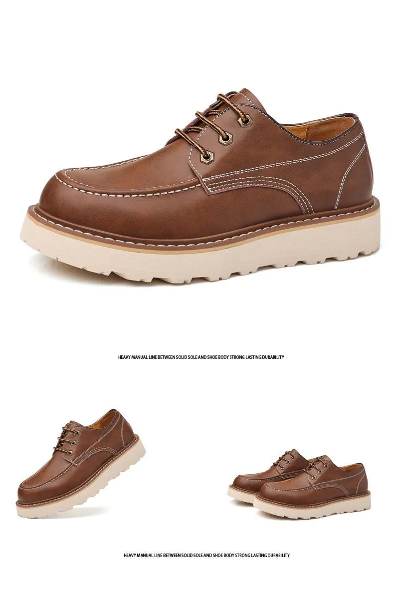 Men's black low-top retro casual boots with rubber soles and round toe, British worker style