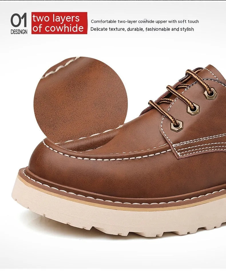 Men's black low-top retro casual boots with rubber soles and round toe, British worker style