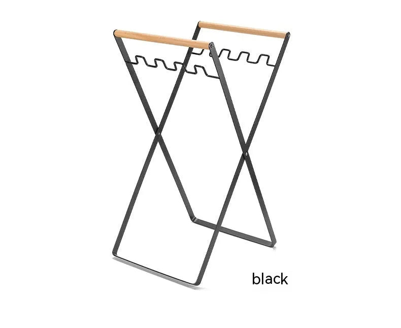 Black outdoor wooden handle wrought iron folding trash rack with two hooks for waste bags or boxes