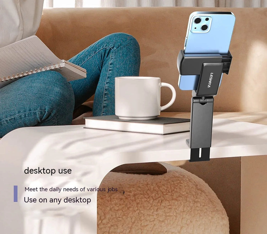 Foldable rotating phone holder in black, grey, or green, showing its universal phone support and compact folded shape.