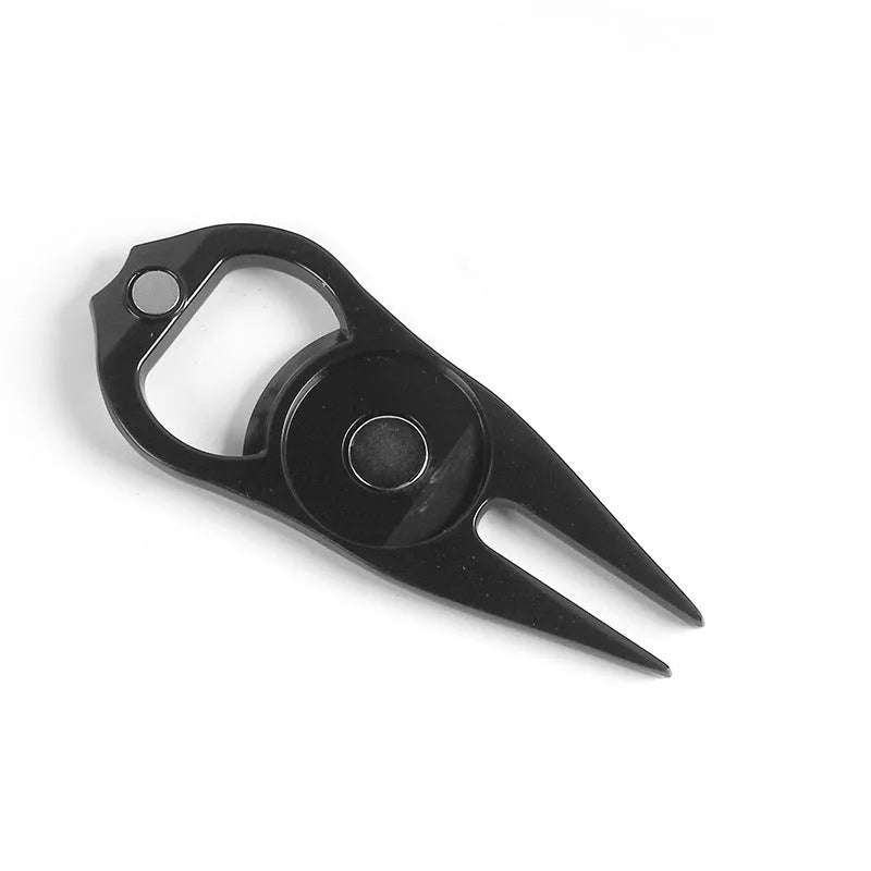 Golf ball yoke bottle opener and marking tool in black, green or silver zinc alloy finish