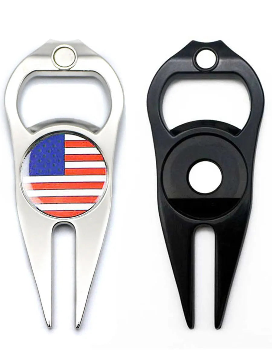 Golf ball yoke bottle opener and marking tool in black, green or silver zinc alloy finish