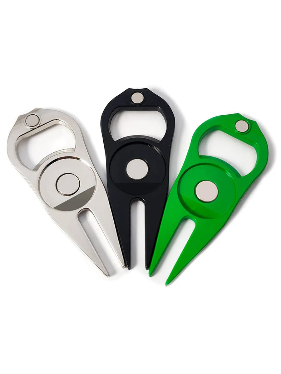 Golf ball yoke bottle opener and marking tool in black, green or silver zinc alloy finish