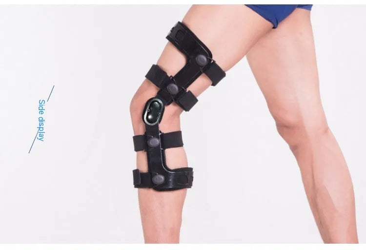 Black knee supporter brace with anterior ligament pad showing left and right variants