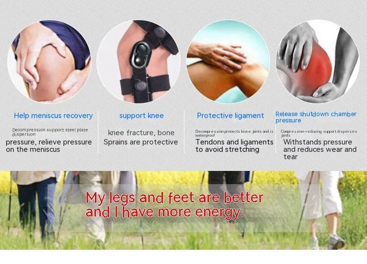 Black knee supporter brace with anterior ligament pad showing left and right variants