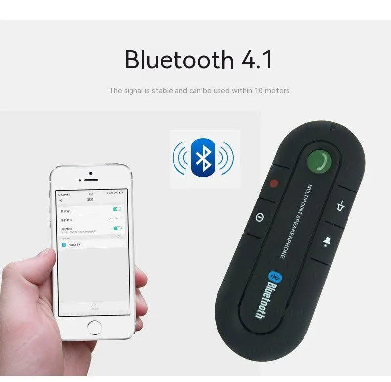 Black Bluetooth handsfree car kit with back clip, auxiliary cable, car charger and USB cable.