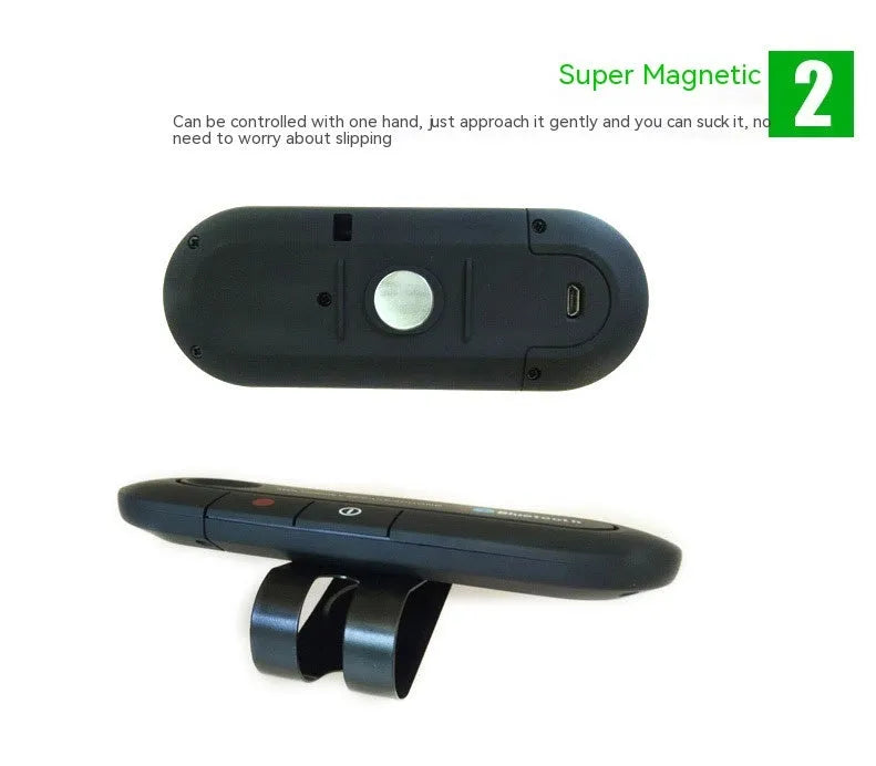 Black Bluetooth handsfree car kit with back clip, auxiliary cable, car charger and USB cable.