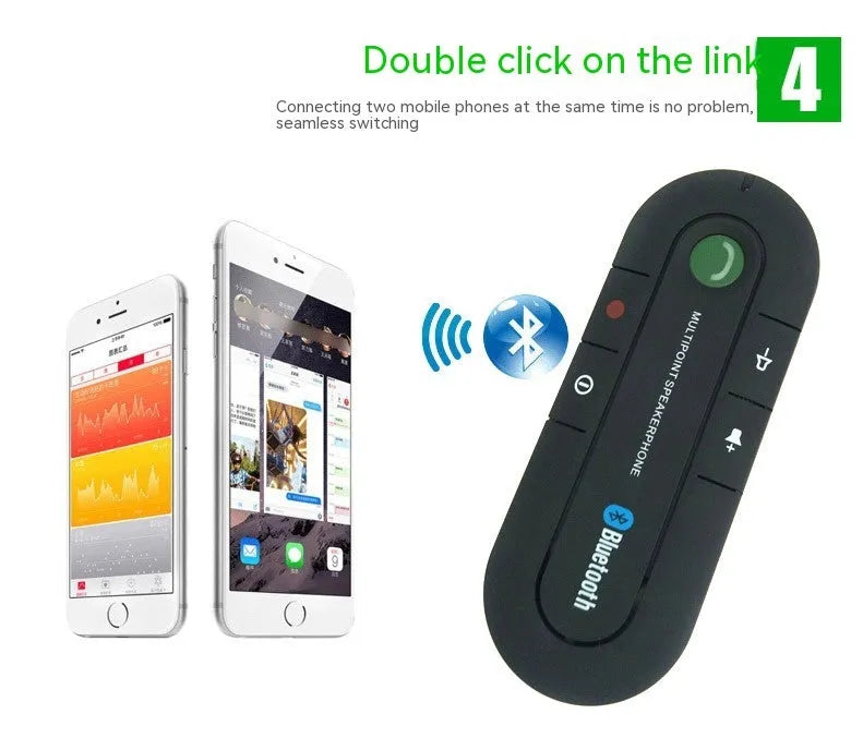 Black Bluetooth handsfree car kit with back clip, auxiliary cable, car charger and USB cable.