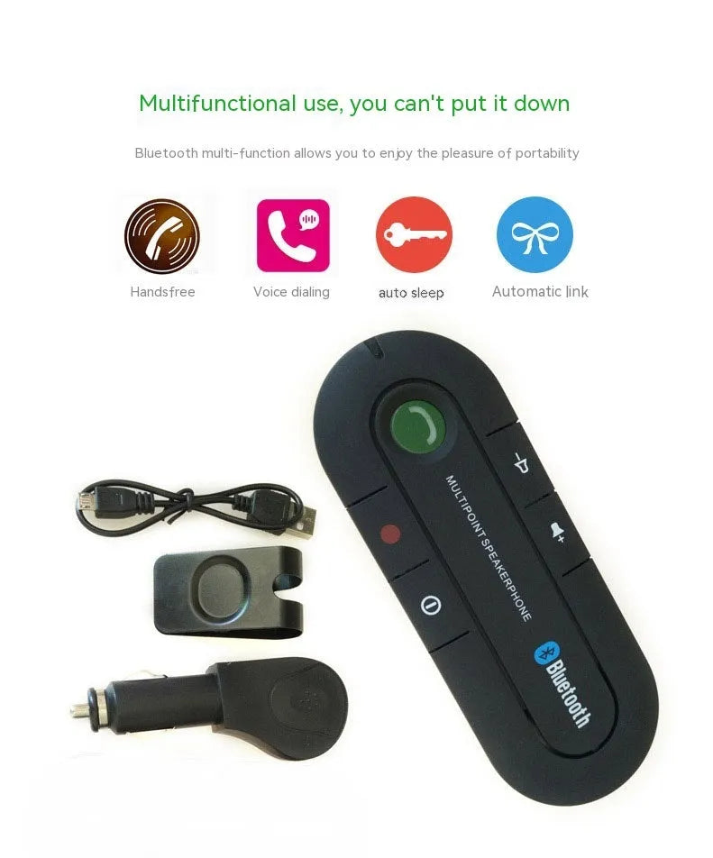 Black Bluetooth handsfree car kit with back clip, auxiliary cable, car charger and USB cable.