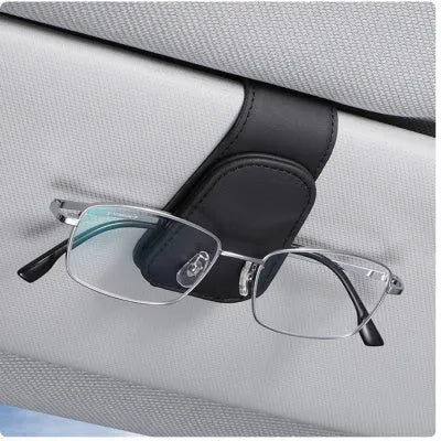 Car sunglasses clip with PU leather case attached to sun visor