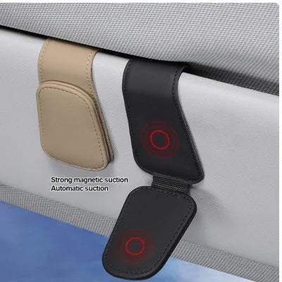 Car sunglasses clip with PU leather case attached to sun visor