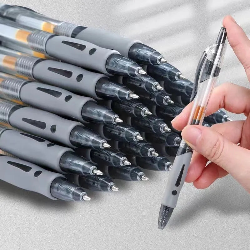 A black, red, or blue refillable gel pen with a 0.5mm tip on a notepad.