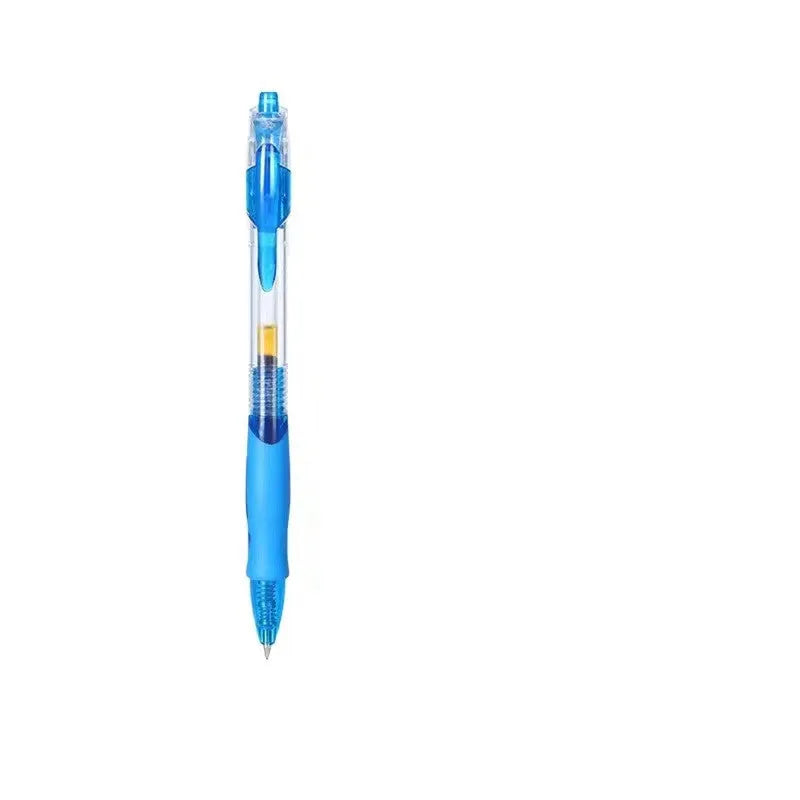 A black, red, or blue refillable gel pen with a 0.5mm tip on a notepad.