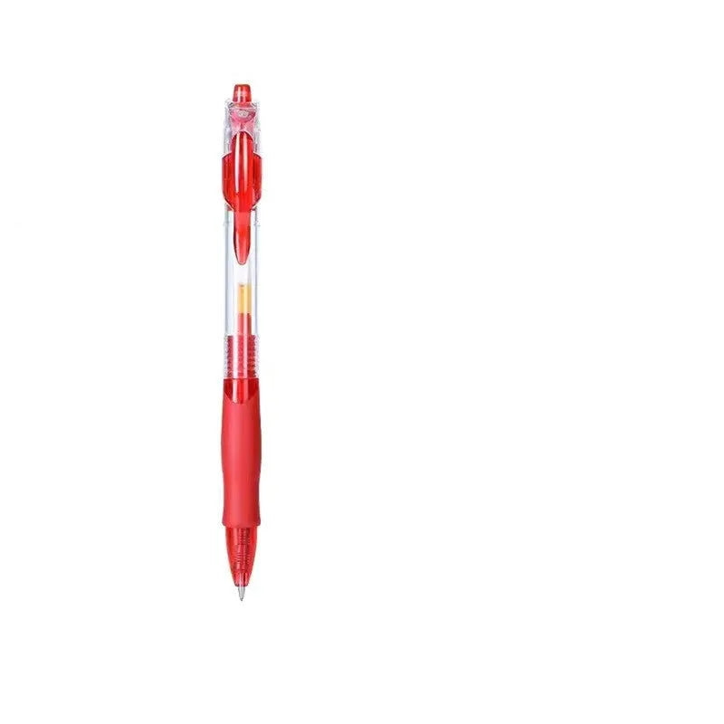 A black, red, or blue refillable gel pen with a 0.5mm tip on a notepad.
