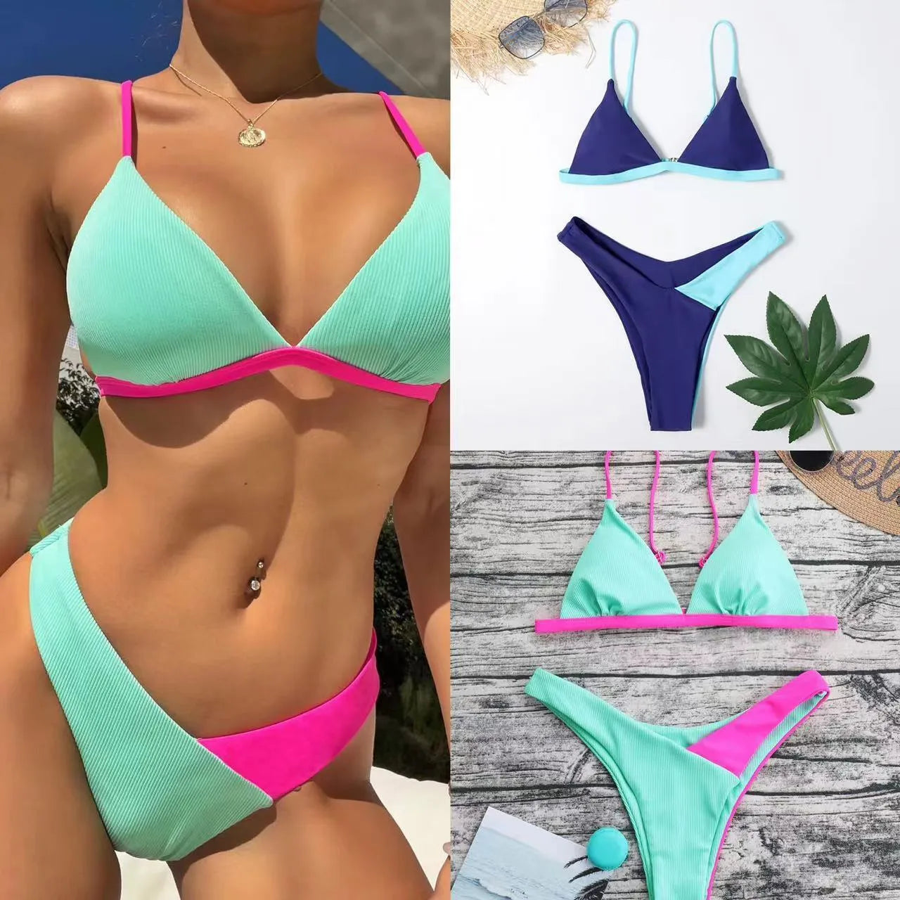 Women's European style swimsuit bikini set in nylon fabric with briefs cut and pattern design