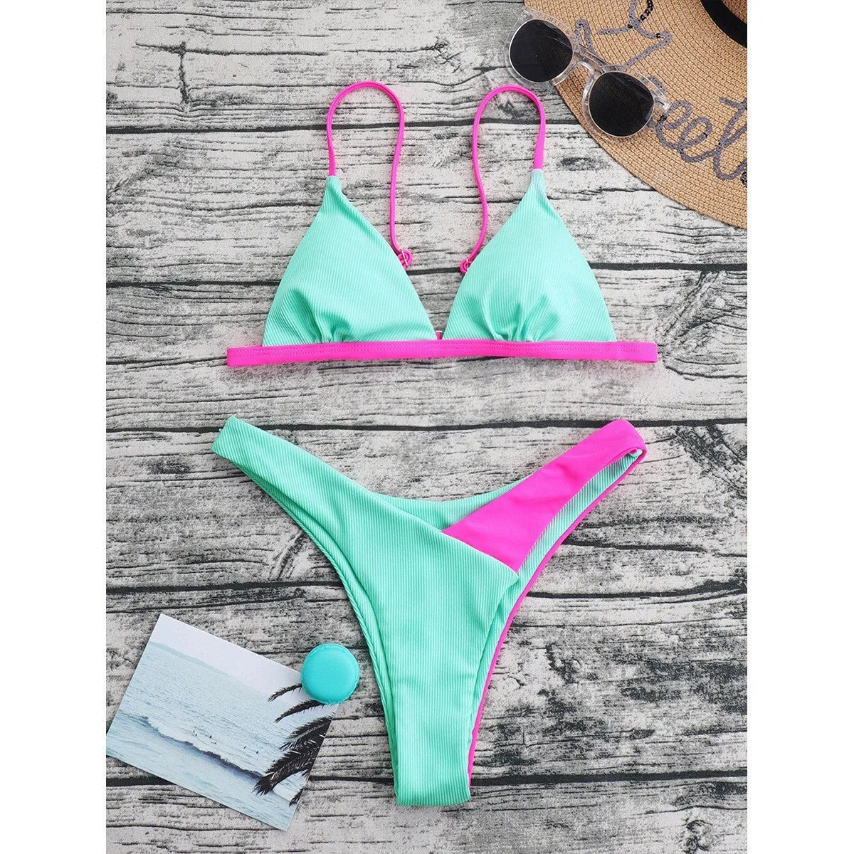 Women's European style swimsuit bikini set in nylon fabric with briefs cut and pattern design