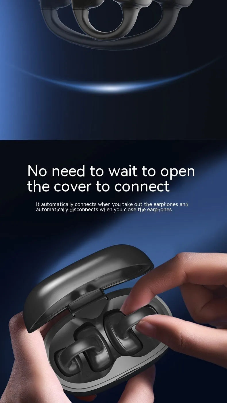 True wireless bone conduction Bluetooth headset in black with clip-type ear hooks and charging case