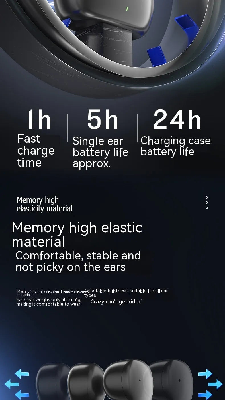 True wireless bone conduction Bluetooth headset in black with clip-type ear hooks and charging case