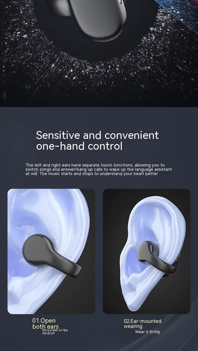 True wireless bone conduction Bluetooth headset in black with clip-type ear hooks and charging case
