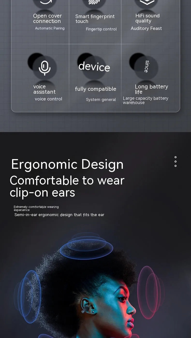 True wireless bone conduction Bluetooth headset in black with clip-type ear hooks and charging case