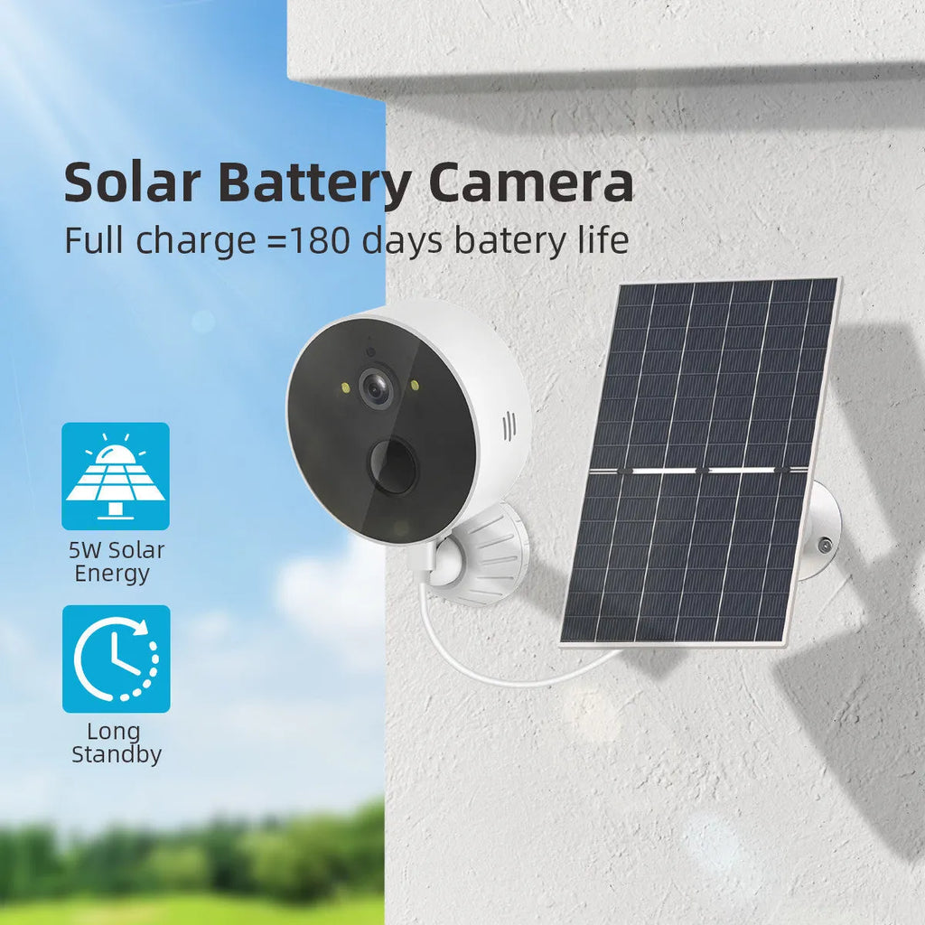 Outdoor solar-powered security camera with attached solar panel for off-grid monitoring.