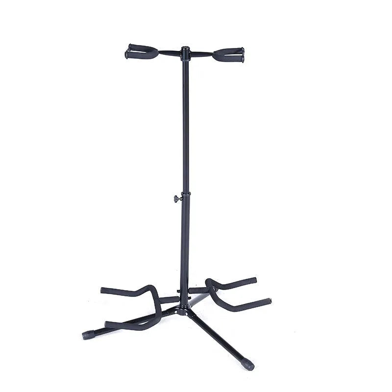 Black vertical double-headed adjustable iron guitar stand holding two guitars.