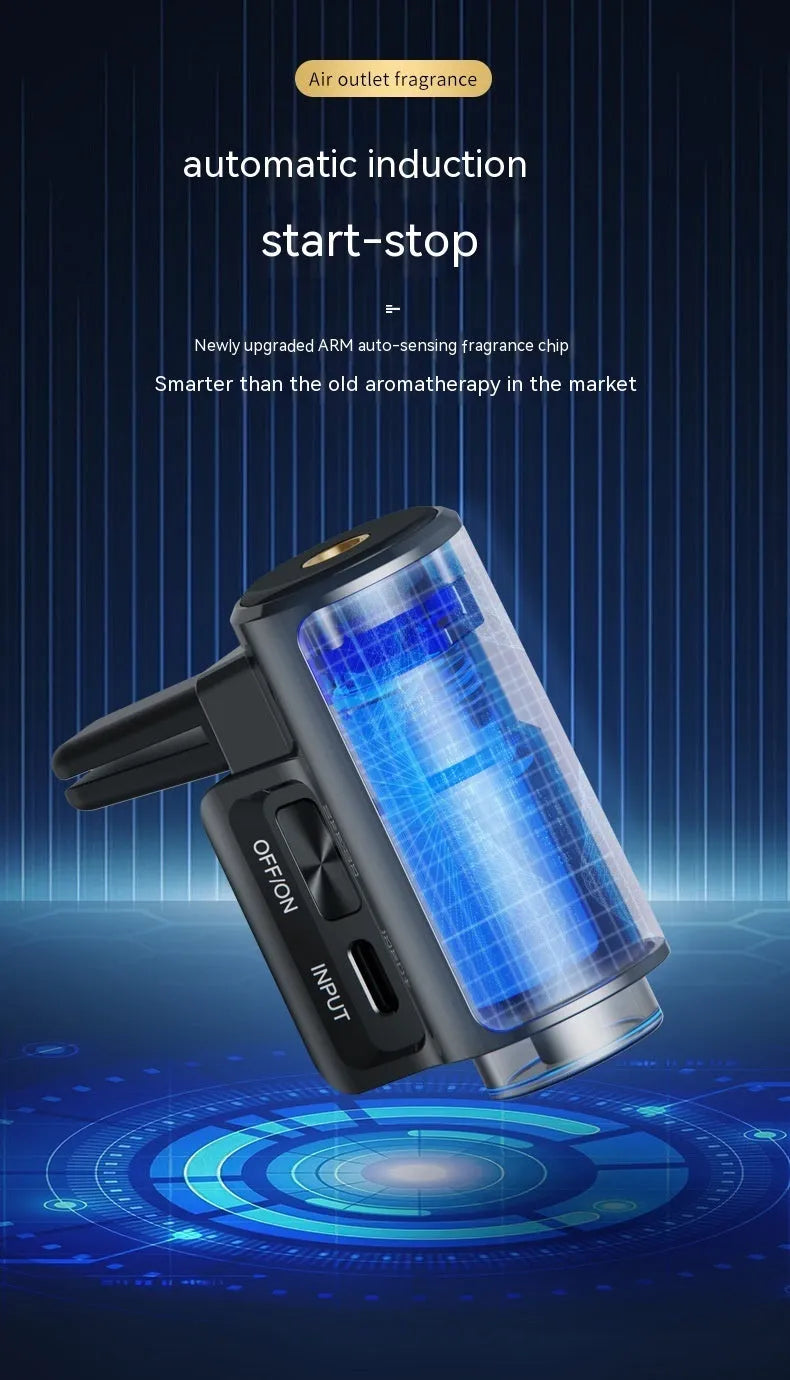 Car air vent clip-on aroma diffuser with essential oil bottle in Obsidian Black or Ocean Blue colour