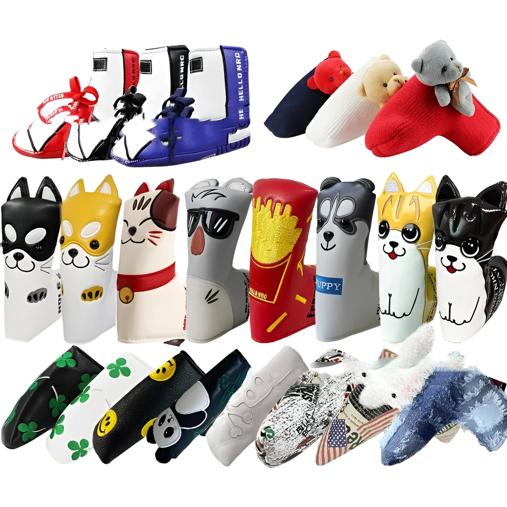 Golf straight bar putter sleeve in various designs including four-leaf clover, panda, and smiley styles.