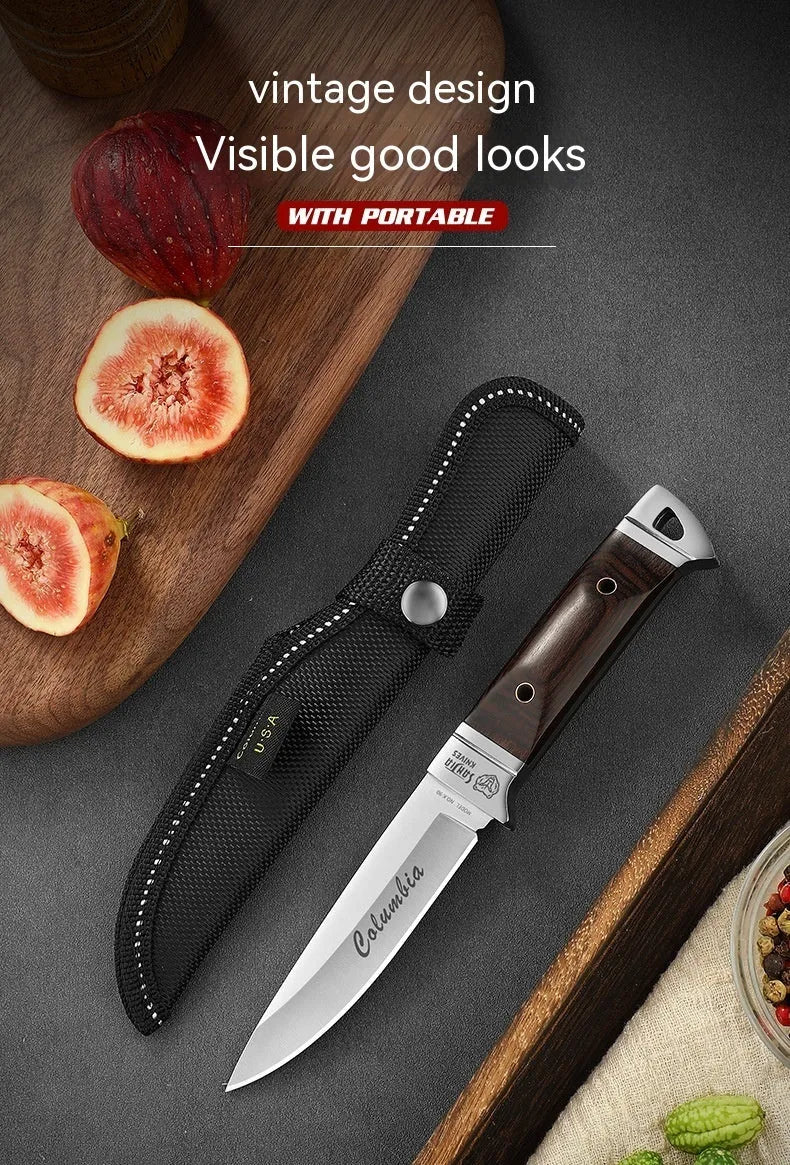 Camping multifunctional fruit knife with stainless steel blade and leather case in national style design