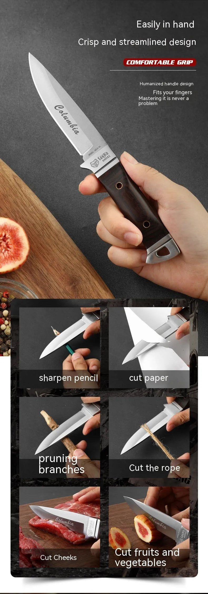 Camping multifunctional fruit knife with stainless steel blade and leather case in national style design