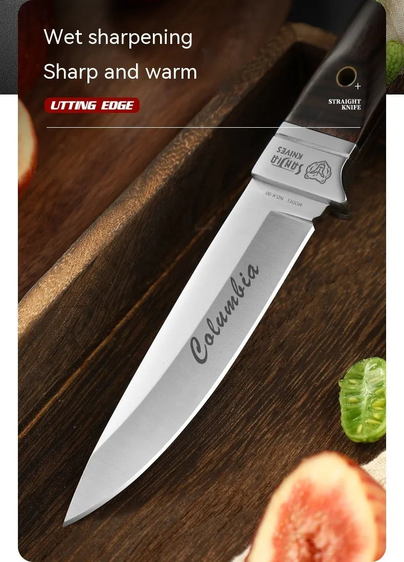 Camping multifunctional fruit knife with stainless steel blade and leather case in national style design