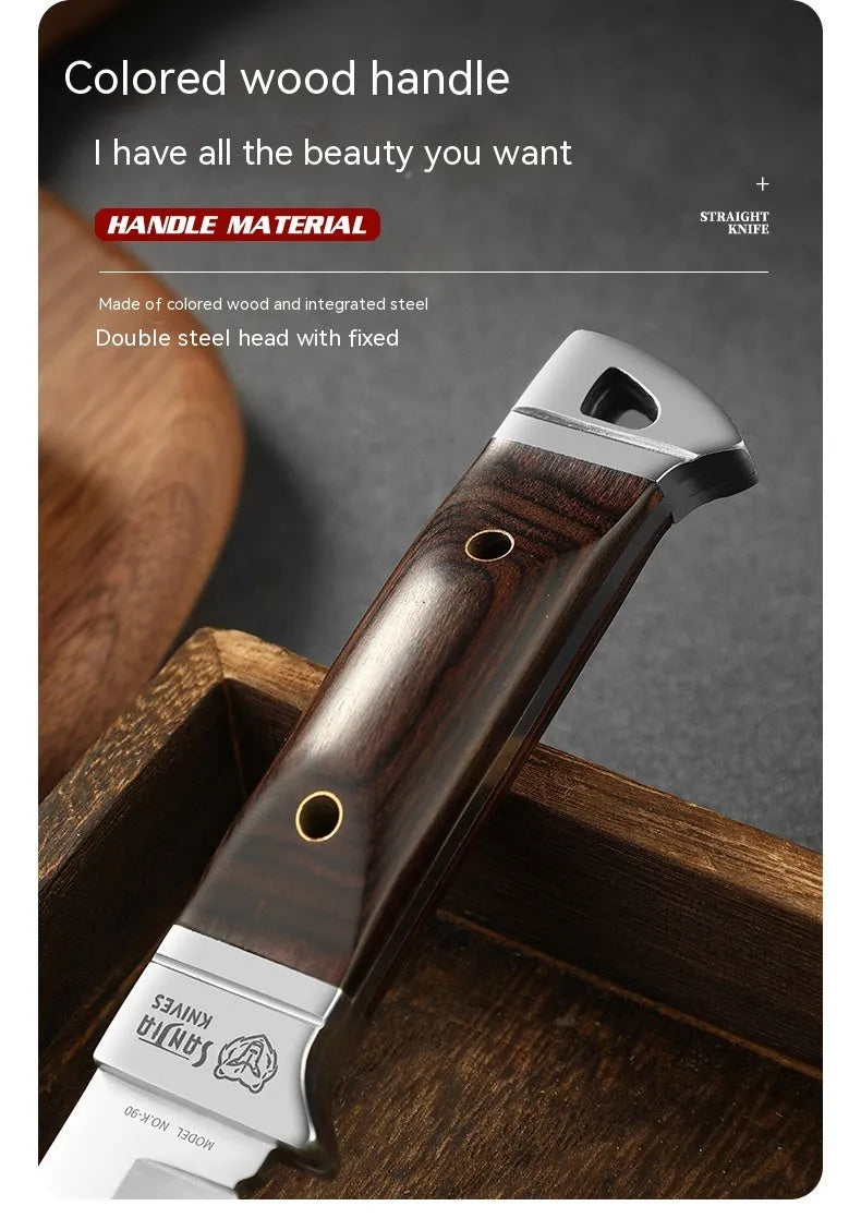 Camping multifunctional fruit knife with stainless steel blade and leather case in national style design