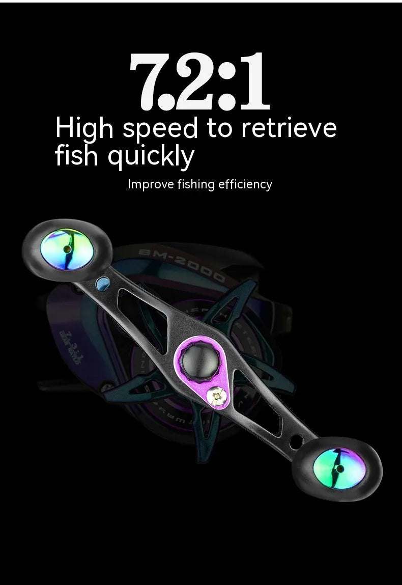 BM2000 baitcaster fishing reel with magnetic brake and water drop spool, shown in left-hand and right-hand retrieve models.