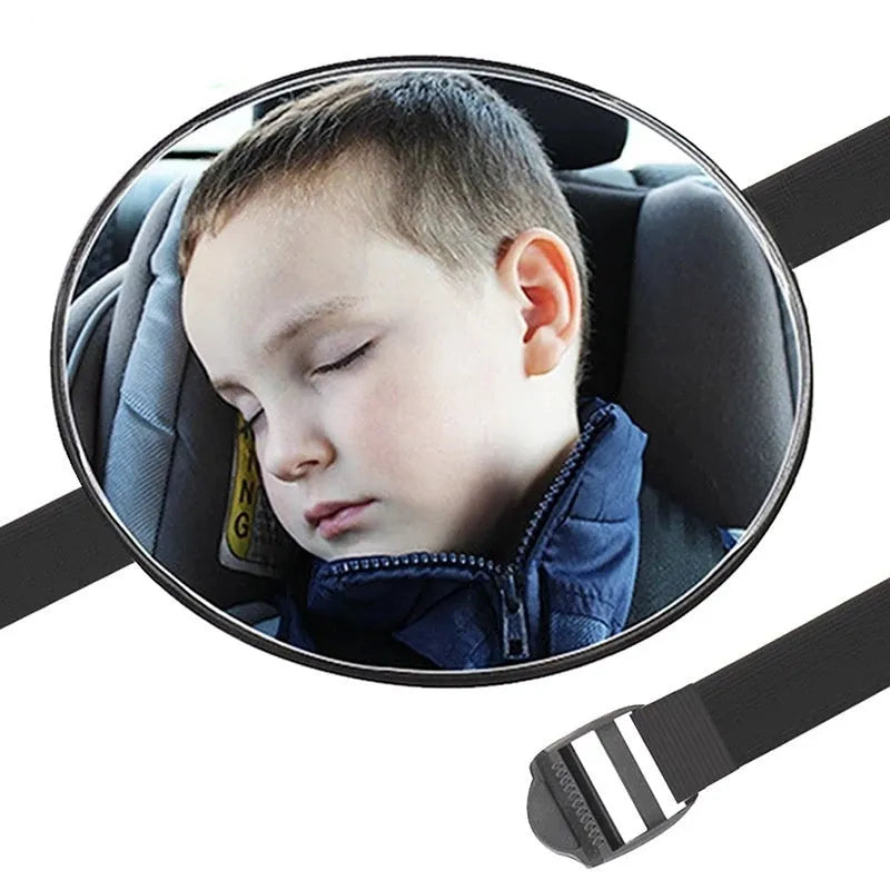 Black ABS baby safety seat rearview mirror with 17cm glass and adjustable ribbon for car seat mounting
