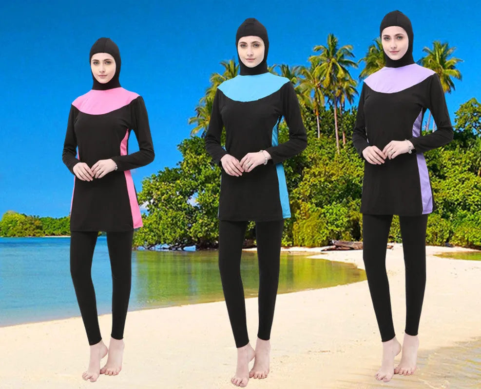 Black long sleeve hooded women's swimsuit top and trousers set for swimming.