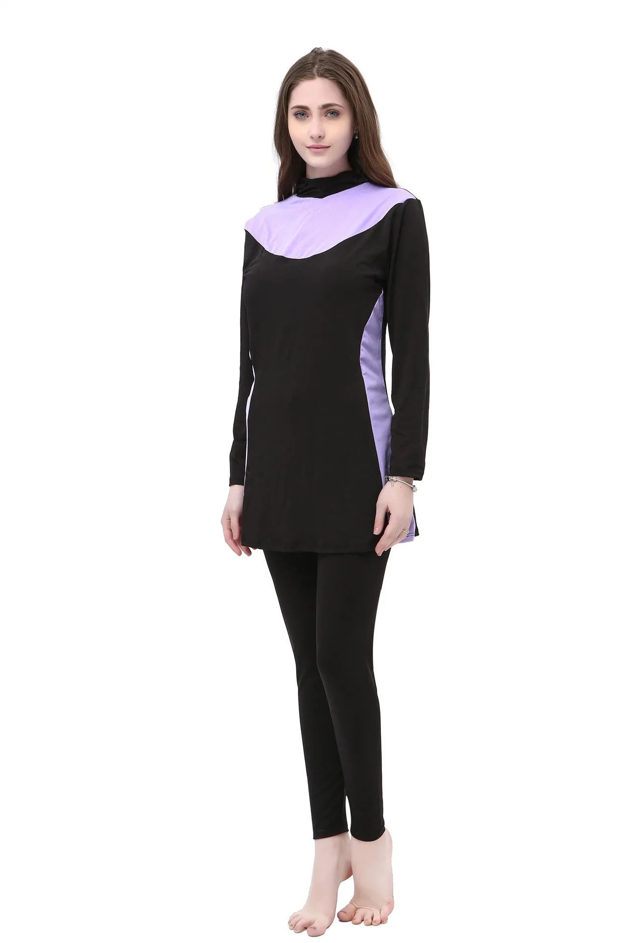 Black long sleeve hooded women's swimsuit top and trousers set for swimming.