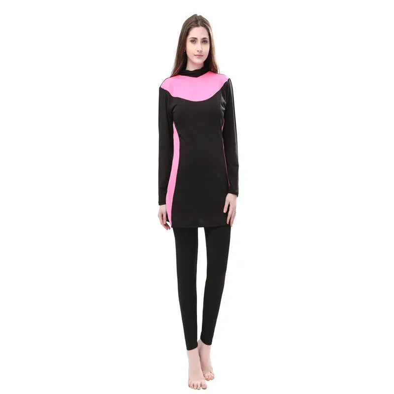 Black long sleeve hooded women's swimsuit top and trousers set for swimming.